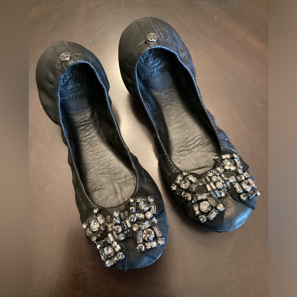 Tory Burch Black and Silver Flats with Crystal Embellishments